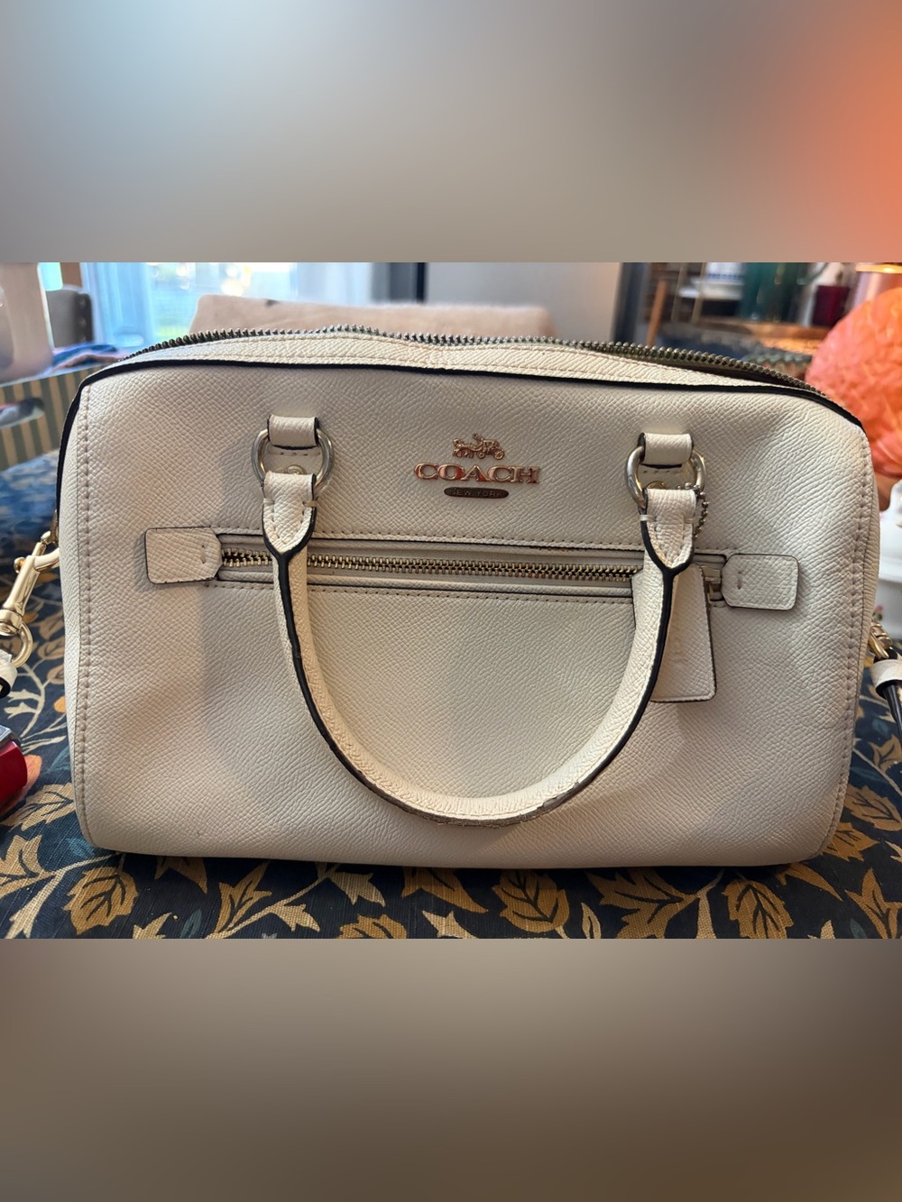Coach Cream Leather Satchel with Gold-Tone Logo